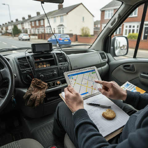 A person sits at a wooden table with a laptop, driving manual, and car scales, planning lessons in a bright home office.