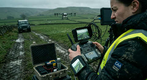 A person in a high-visibility vest operates a handheld controller while watching a drone fly over a green field.