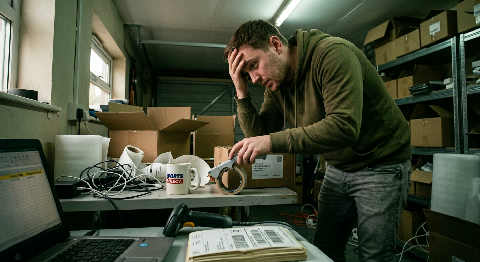 A person at a kitchen table manages online orders on a laptop next to stacked cardboard boxes and shipping labels.