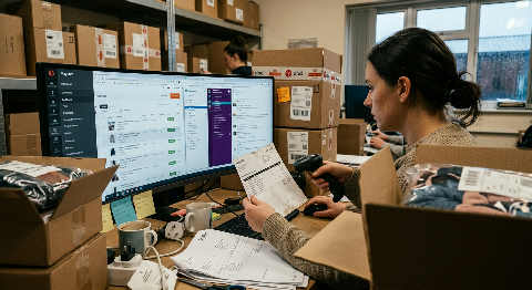 A manager gestures toward a wall of inventory charts and live sales data in a dimly lit, busy warehouse office.