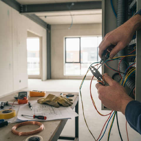 Close-up of an electrical engineer’s hands wiring a complex industrial control panel on a bright UK construction site.