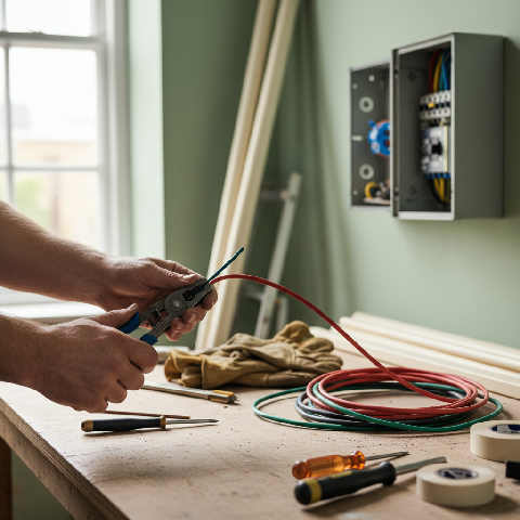 Close-up of an electrician's hands wiring a modern fuse box on a bright construction site with tools nearby.