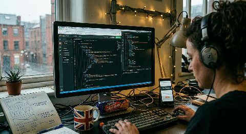 Close up over the shoulder of a designer adjusting code and image layout on a dual monitor setup in a dimly lit room.