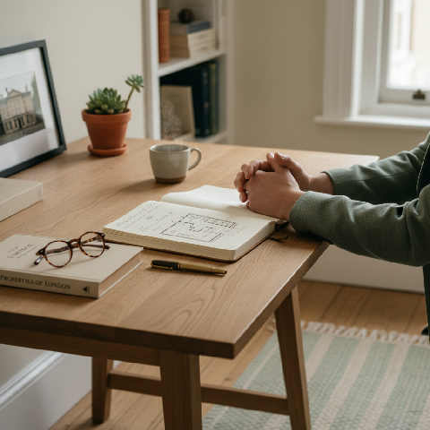 A minimalist white desk features an open notebook, a set of house keys, and a laptop in a bright, modern office space.