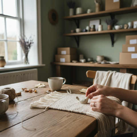 A small business owner organizes handmade goods on a wooden table in a bright, sunlit home office studio.