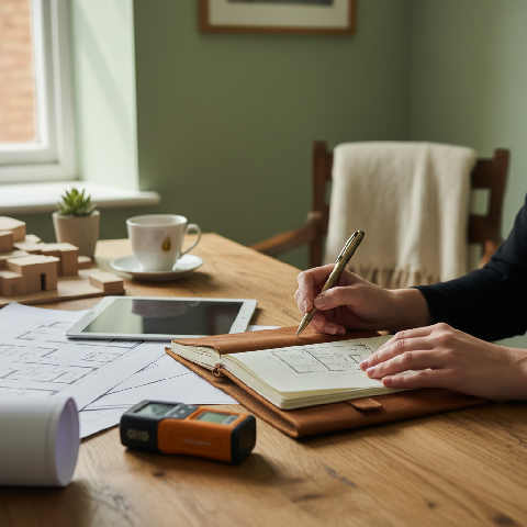 A professional workspace with a notebook, pen, and laptop on a wooden desk near a large window with soft sunlight.