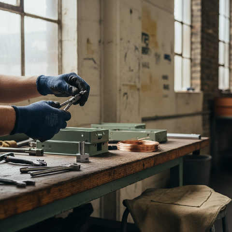 Close-up of hands working with metal components on an industrial workbench in a bright, natural-light factory setting.