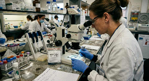 A forensic scientist in a lab carefully uses tweezers to collect fiber evidence from a dark garment under bright light.