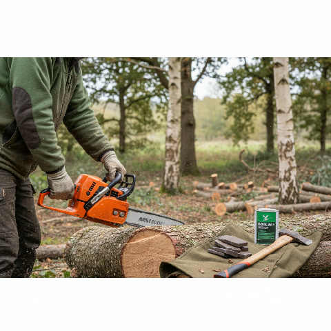 Close up of gloved hands using a chainsaw to cut a log in a bright, wooded outdoor workspace with woodchips flying.