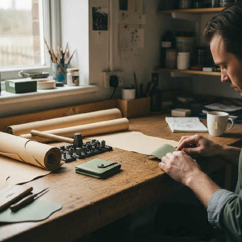 A small-scale workshop with tools and materials neatly organized on a wooden workbench in a bright, independent studio.