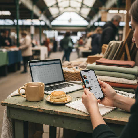 A person works on a laptop and smartphone at a sunlit wooden kitchen table surrounded by plants and craft supplies.