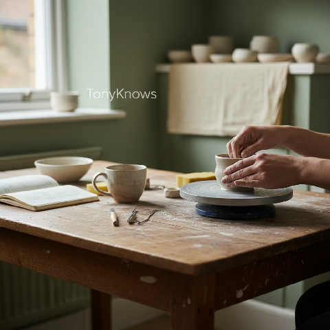 A professional freelancer works with focus at a wooden kitchen table in a sunlit, modern home office space.
