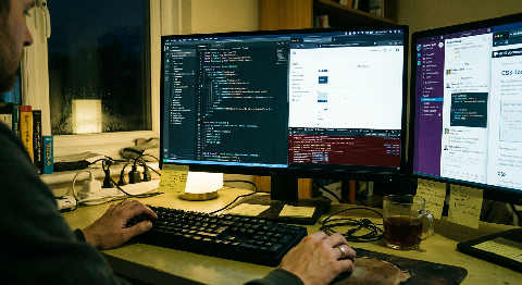 A developer adjusts lines of code on a vertical monitor in a dimly lit, cozy room with soft green ambient lighting.