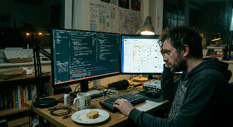 Close-up over the shoulder of a developer at night, lines of code glowing on dual monitors in a dimly lit home office.