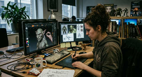 A close-up over-the-shoulder view of an artist using a stylus to sculpt a detailed 3D monster on a large drawing tablet.
