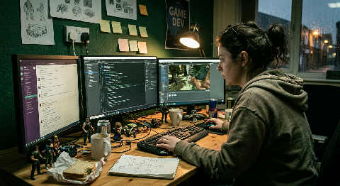 An over-the-shoulder view of a developer coding complex scripts across three glowing monitors in a dimly lit studio.
