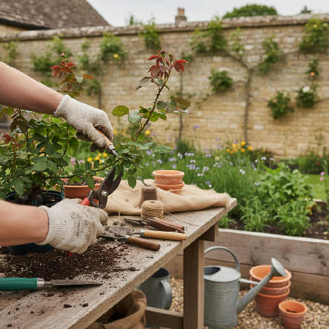 Close-up of gloved hands pruning lush green shrubs with metal shears in a bright, sunlit British garden workspace.