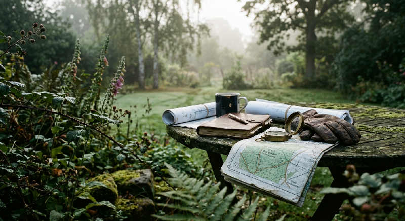 A rustic wooden table in a misty garden holding a compass, a vintage folded map, and a small magnifying glass.