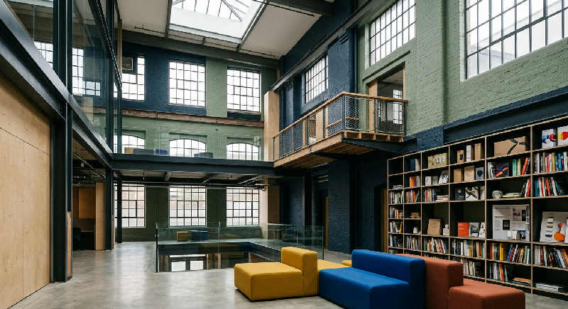 Modern architectural interior with sweeping curves and high ceilings, reflecting a sense of scale and energy.