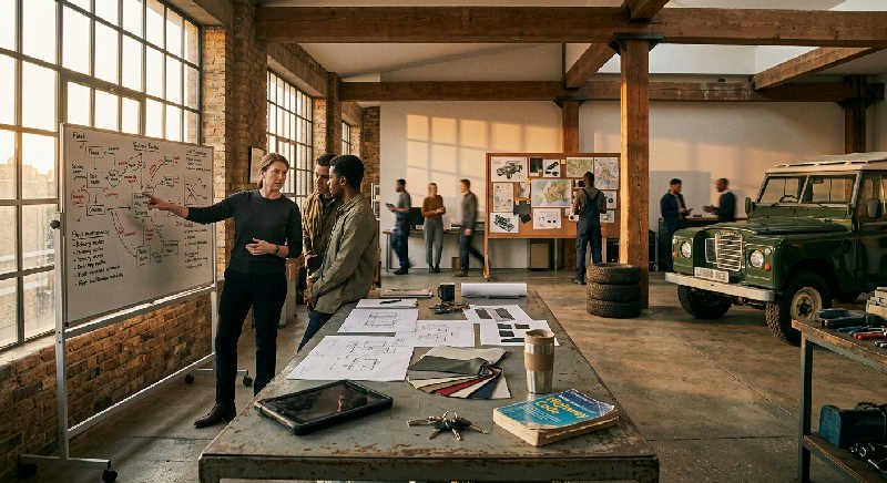 Two professionals talk inside a rustic industrial loft during sunset, surrounded by architectural plants and brick.