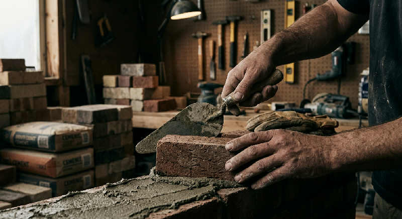 Close-up of a bricklayer's weathered hands carefully laying a red brick onto a bed of mortar in a workshop.