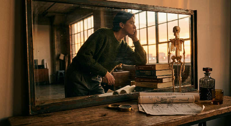 A hand reaches toward a skeletal model in a sunset-lit loft, reflected in a polished glass tabletop.