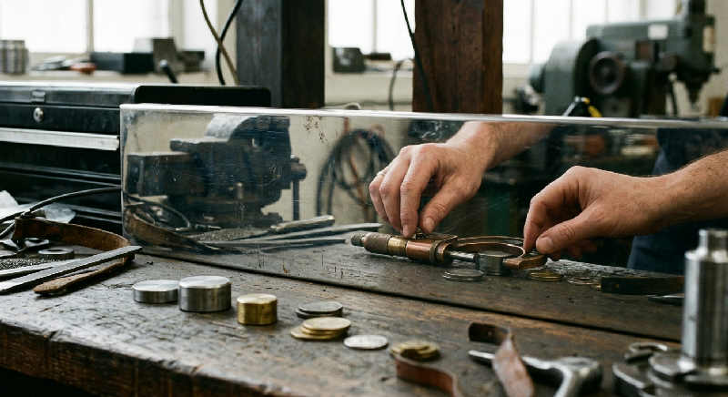 Close up of a hand in a workshop placing an official stamp onto a wooden surface, reflected in a polished tabletop.