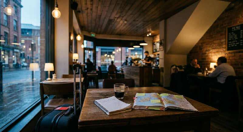 Empty wooden table and chairs in a dimly lit, atmospheric cafe with warm light reflecting off glass surfaces.