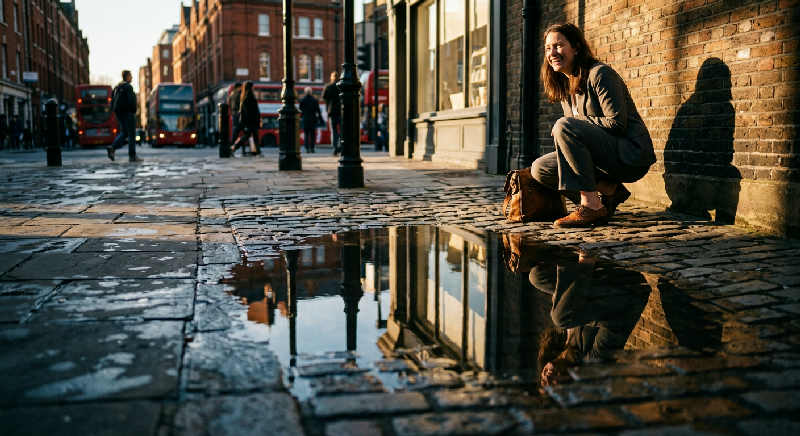 A long shadow of a person falls across a textured cobblestone street in the golden glow of a British sunset.