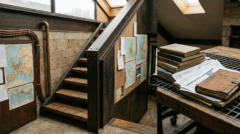 A vintage brass barometer and aged navigation maps on a dark wooden desk in a warm, dimly lit studio.
