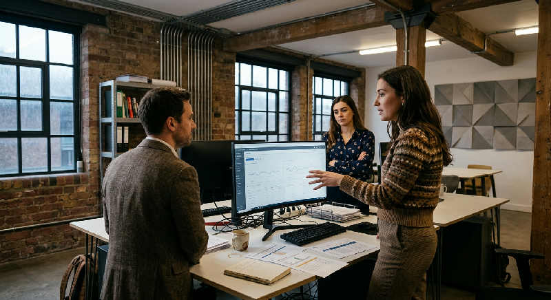 Professional in a green sweater analyzes complex data charts on a large monitor in a brick-walled industrial loft.