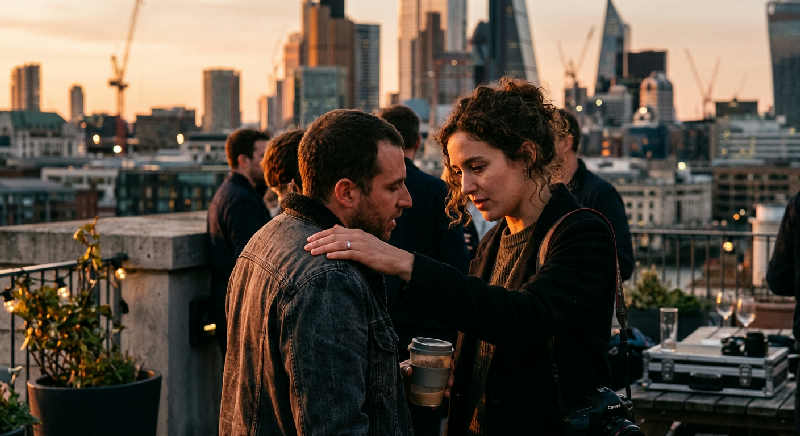 Two media producers talk on a terrace at sunset, captured in a raw documentary style with warm, natural lighting.