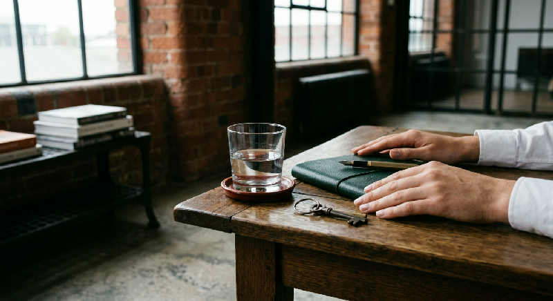 Close up of hands adjusting a luxury watch over an architectural blueprint on a rustic wooden table in a loft.
