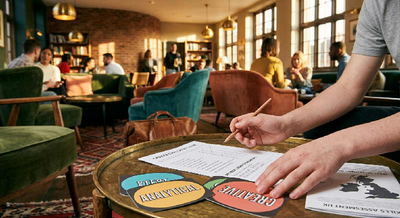 Hands play with a series of small, colorful wooden blocks on a marble table in a sunlit hotel lobby.