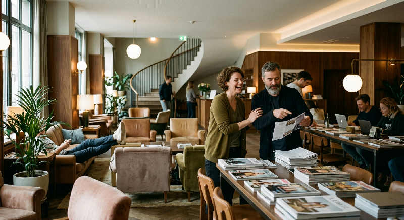 Two people in a hotel lobby laugh and gesture excitedly while looking at a tablet together in warm lounge seating.