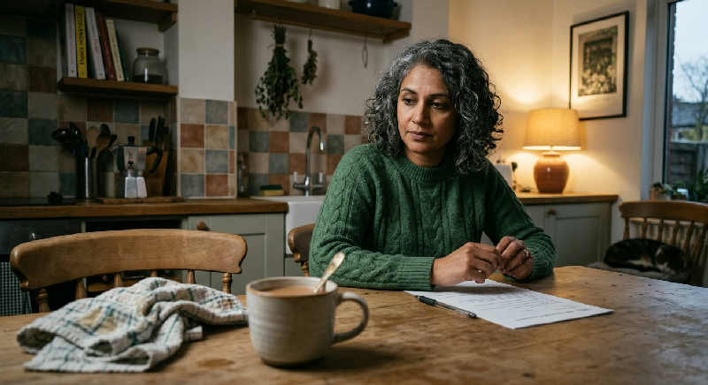 A person sits pensively at a rustic kitchen table, surrounded by soft shadows and textured ceramic tiles.