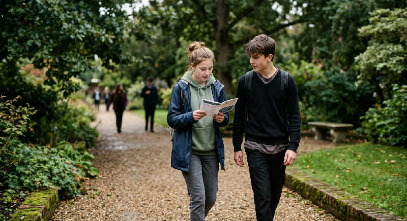Two teenagers walk through a lush green garden under a soft, overcast sky, engaged in deep, reflective conversation.