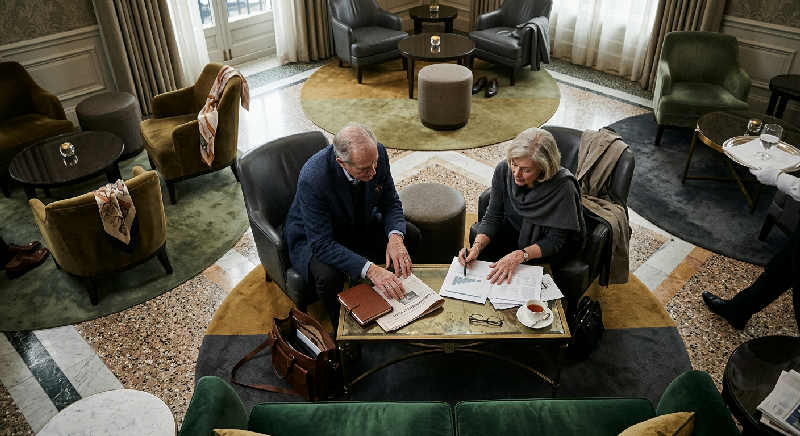 Professional handshake between two people in business attire over a marble table in a luxury hotel lobby.