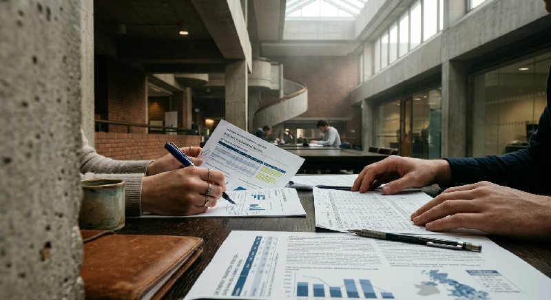 Close-up of hands reviewing printed data charts on a textured wooden desk in a sunlit, architectural interior.