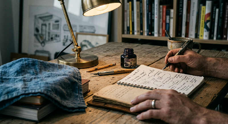 A person's hand circles a phrase in a printed manual using a fountain pen, under soft, moody library lighting.