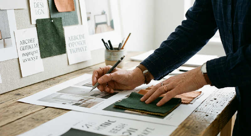 Close-up of hands sketching on paper in a bright designer studio, showing a focused human gesture.
