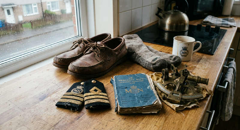 A small model ship sits on a wooden kitchen table in soft, overcast light, reflecting a quiet maritime career path.