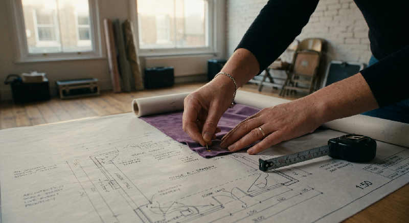 Close-up of hands adjusting a detailed venue floor plan on a wooden table in soft morning light with motion blur.