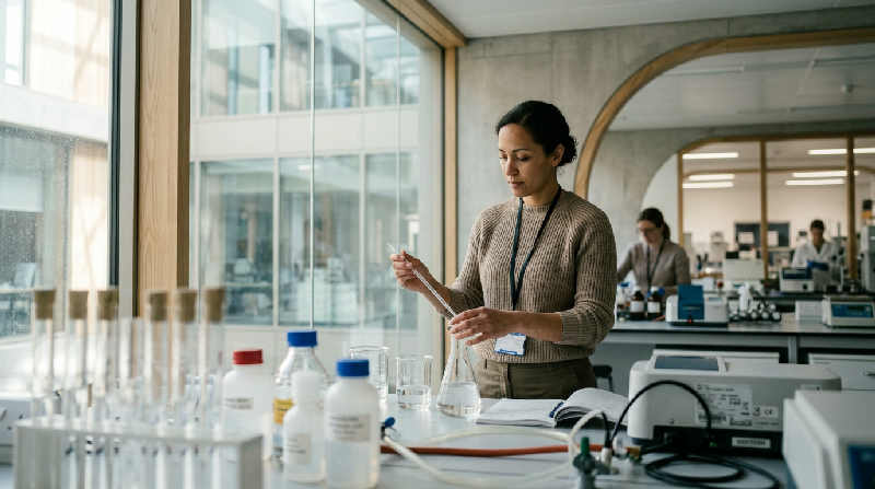 A scientist in a lab coat studies a water sample in a beaker, focused and reflective in a modern, soft-lit laboratory.