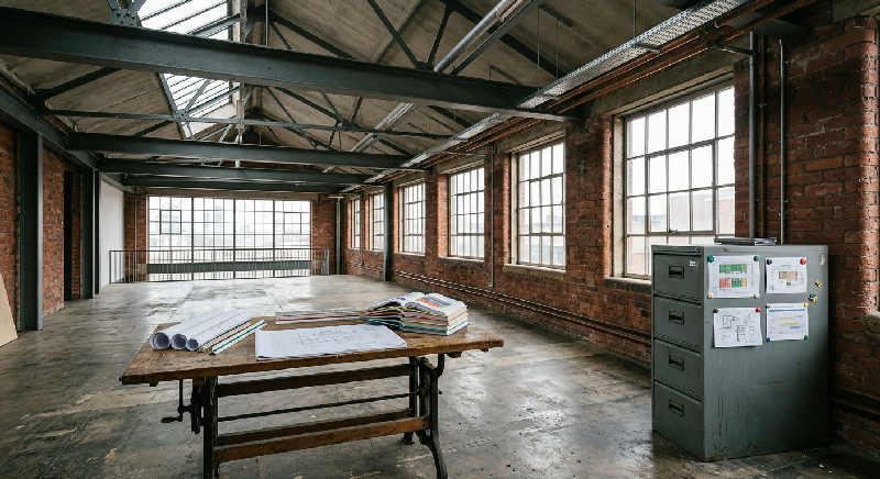 Sunlit industrial loft with high ceilings and exposed brick used as a modern, spacious educational workspace.