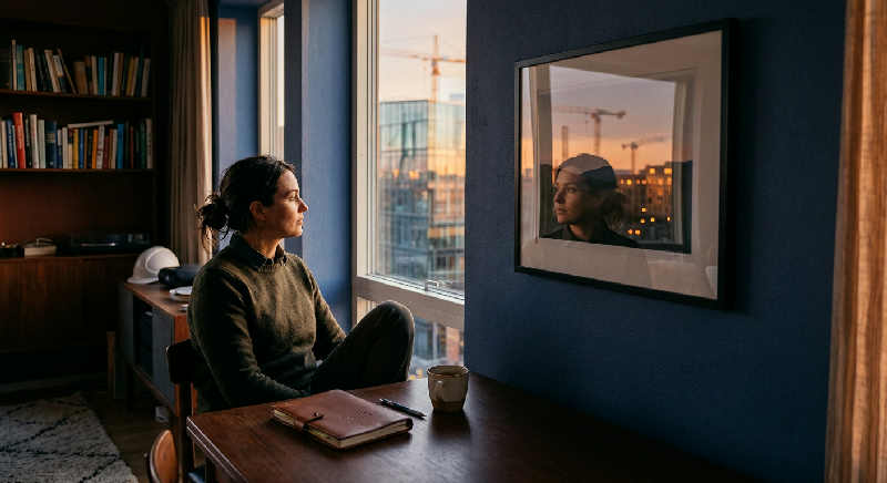 A site manager in high-vis gear reflected in an apartment window during a golden sunset, looking out at a city skyline.