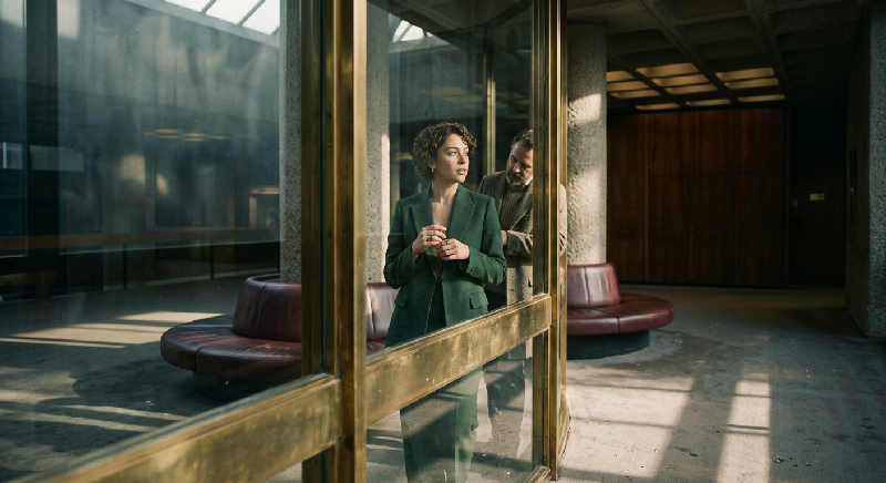 A person in a sharp suit is reflected in the polished marble walls of a grand, sunlit architectural hallway.