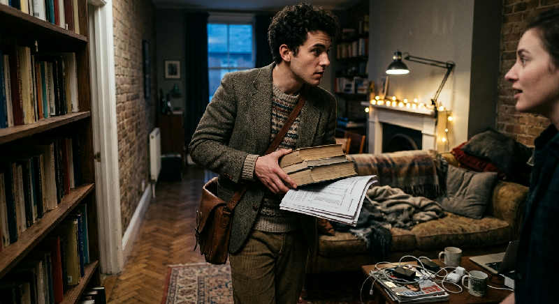 A young professional leans over a table, inspecting financial paperwork under focused, warm apartment lighting.