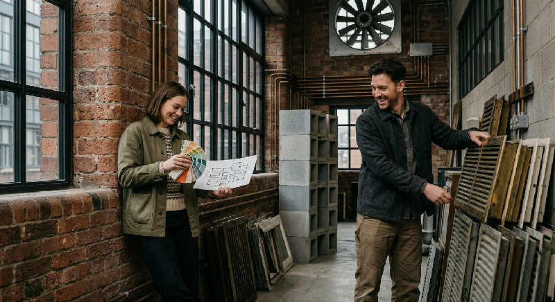A young professional sits playfully atop a stack of colorful industrial crates in a moody, high-ceilinged loft space.
