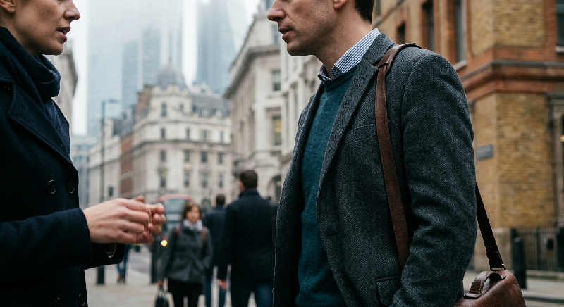 A professional in a tailored coat stands on a foggy London street, holding an umbrella during a grey morning commute.